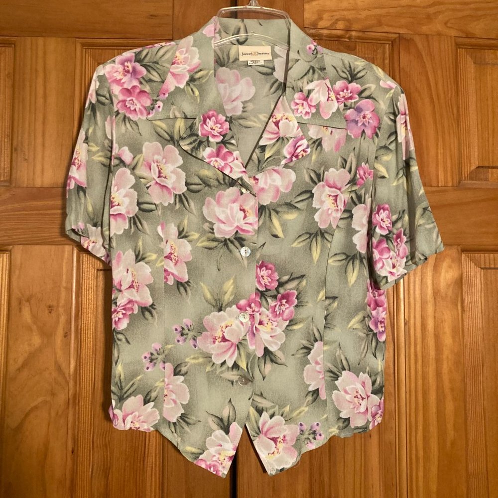 NWOT Jaclyn Smith Vintage 80s 90s Blouse Short Sleeve Career Top Green Pink Sz M